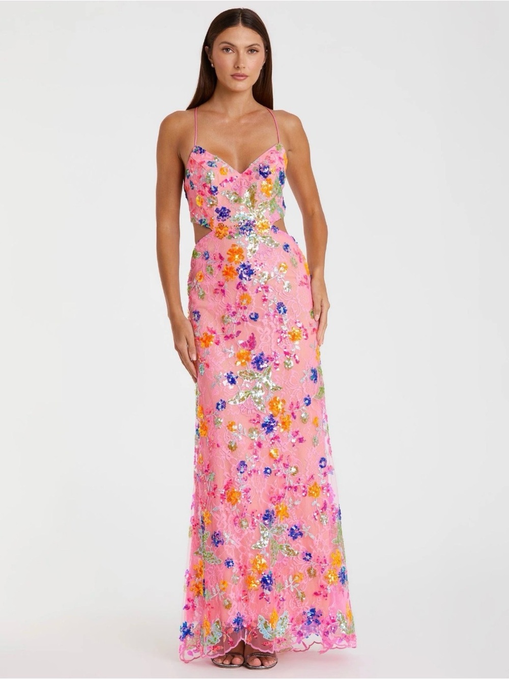 Mac Duggal Pink Floral Sequin Maxi Dress